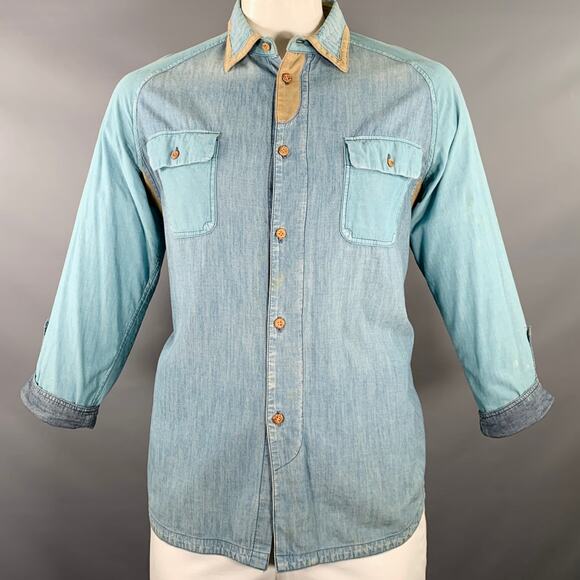 WHITE MOUNTAINEERING Size L Light Blue Color Block Cotton Long Sleeve Shirt - Picture 1 of 11